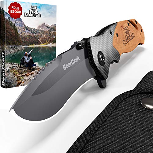 BearCraft Cuchillo Plegable en diseño de Carbono con ** eBook Gratis ** | Cuchillo de Bolsillo de Supervivencia | Cuchillo de Rescate de una Mano con Cortador de Vidrio y Cortador de cinturón