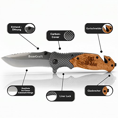 BearCraft Cuchillo Plegable en diseño de Carbono con ** eBook Gratis ** | Cuchillo de Bolsillo de Supervivencia | Cuchillo de Rescate de una Mano con Cortador de Vidrio y Cortador de cinturón