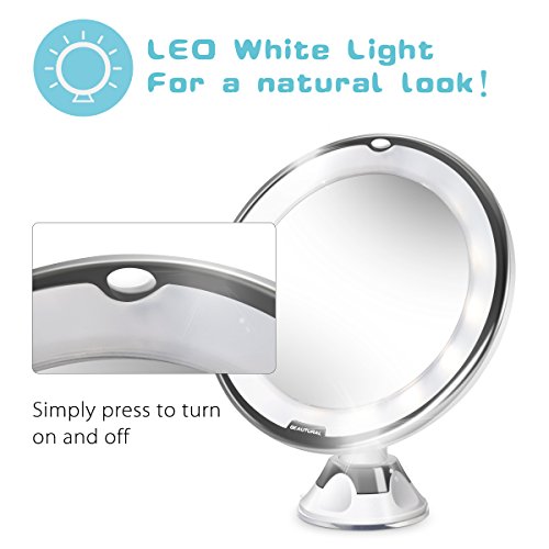 BEAUTURAL Espejo de Baño Mujer, Espejo Maquillaje con luz LED Aumento 10X, con Rótulo Giratorio Ajustable y Ventosa,a Pilas