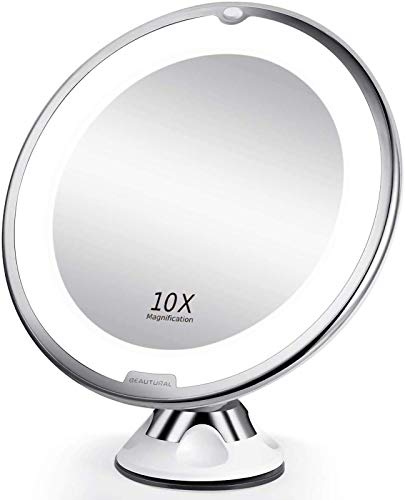 BEAUTURAL Espejo de Baño Mujer, Espejo Maquillaje con luz LED Aumento 10X, con Rótulo Giratorio Ajustable y Ventosa,a Pilas