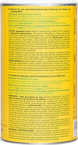 BEAVITA Vitalkost Plus - Batido dietético sustitutivo de comida - Diet Shake para pérdida de peso ligera – Solo 207 calorías - 572g y plan de dieta de 14 días - Polvo proteico sabor Mango Lassi