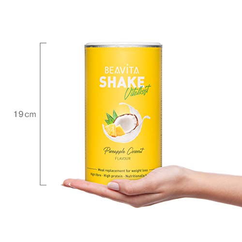 BEAVITA Vitalkost Plus - Batido dietético sustitutivo de comida - Diet Shake para pérdida de peso ligera – Solo 207 calorías - Set 6x 572g y plan de dieta de 14 días - Polvo proteico sabor piña y coco