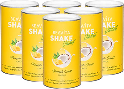 BEAVITA Vitalkost Plus - Batido dietético sustitutivo de comida - Diet Shake para pérdida de peso ligera – Solo 207 calorías - Set 6x 572g y plan de dieta de 14 días - Polvo proteico sabor piña y coco