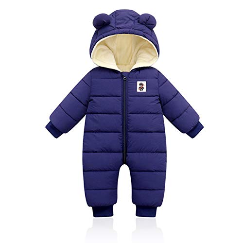 Bebé Invierno Mamelucos con Capucha, Niñas Niños Ropa Traje de Nieve Manga Larga Fleece Monos Outfits Peleles Calentar Abrigo Regalos 12-18 Meses,Azul