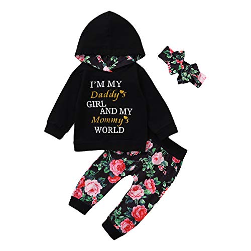 Bebé Niña Chándales Capucha con Estampado de Letras Floral de Manga Larga + Pantalones Conjunto de Ropa