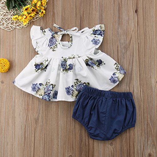 Bebé Recién Nacida 2 Piezas Conjunto de Traje Top Blusa Floral sin Manga con Volanters Vestido Camiseta Corta Pantalón Corto Ropa de Verano para Niñas Pequeñas Casual Fiesta Foto (Azul, 0-3 Meses)