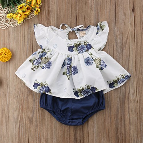 Bebé Recién Nacida 2 Piezas Conjunto de Traje Top Blusa Floral sin Manga con Volanters Vestido Camiseta Corta Pantalón Corto Ropa de Verano para Niñas Pequeñas Casual Fiesta Foto (Azul, 0-3 Meses)