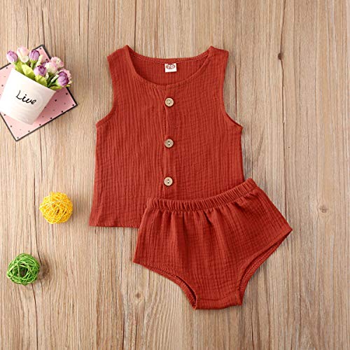 Bebé Recién Nacido 2 Piezas Traje de Ropa Verano Camiseta sin Manga con Cuello Redondo y Botones Pantalones Cortos Set Top Camisa Braguita de Color Sólido para Niña Pequeña (Rojo, 0-6 Meses)