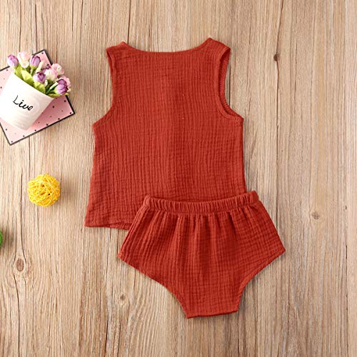 Bebé Recién Nacido 2 Piezas Traje de Ropa Verano Camiseta sin Manga con Cuello Redondo y Botones Pantalones Cortos Set Top Camisa Braguita de Color Sólido para Niña Pequeña (Rojo, 0-6 Meses)