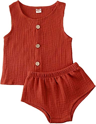 Bebé Recién Nacido 2 Piezas Traje de Ropa Verano Camiseta sin Manga con Cuello Redondo y Botones Pantalones Cortos Set Top Camisa Braguita de Color Sólido para Niña Pequeña (Rojo, 0-6 Meses)