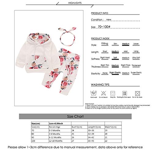 Bebé recién Nacido de Manga Larga con Capucha Floral Sudadera Tops + Pantalones Ropa Trajes (3-6 Meses, Blanco)