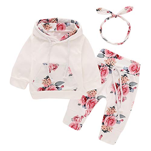 Bebé recién Nacido de Manga Larga con Capucha Floral Sudadera Tops + Pantalones Ropa Trajes (3-6 Meses, Blanco)