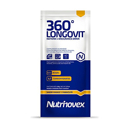 Bebida isotónica y energética Nutrinovex 360º Longovit con BCAA's, Glutamina y Magnesio (Mango maracuyá, 60g x 12 ud.)