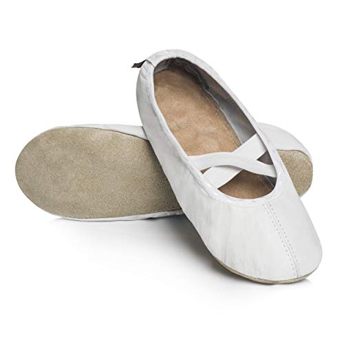 BeComfy Zapatillas de Ballet Gimnasia de Piel - Zapatillas de Baile de Bailarinas para niños y Adultos - Zapatillas elásticas Ligeras Mujeres y niñas Negro Blanco 24 a 41 (37 EU, Blanco)