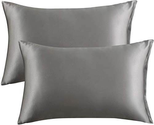 Bedsure Funda Almohada 50x75cm Satén Gris - Juego de 2 Fundas Almohadas 75x50 Pelo Rizado, Muy Liso Suave de 100% Microfibra, Antiarrugas sin Cremallera, 2 Piezas