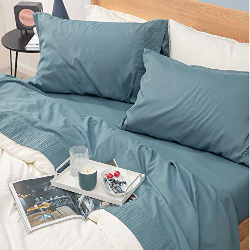 Bedsure Juego de Sábanas 90x190/200 cm - 3 Piezas - Sábana Bajera Ajustable Cama 90 con Encimera 160x275cm 1 Funda de Almohada 50x80cm - Azul Grisáseo