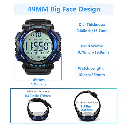 Beeasy Reloj Deportivo Hombre,Relojes Digital Impermeable Watches Inteligente Bluetooth Fitness Tracker Contador Calorías Podómetro Cámara Remota App Notificación de Llamadas SMS,Azul