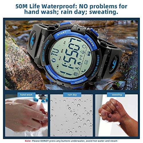 Beeasy Reloj Deportivo Hombre,Relojes Digital Impermeable Watches Inteligente Bluetooth Fitness Tracker Contador Calorías Podómetro Cámara Remota App Notificación de Llamadas SMS,Azul