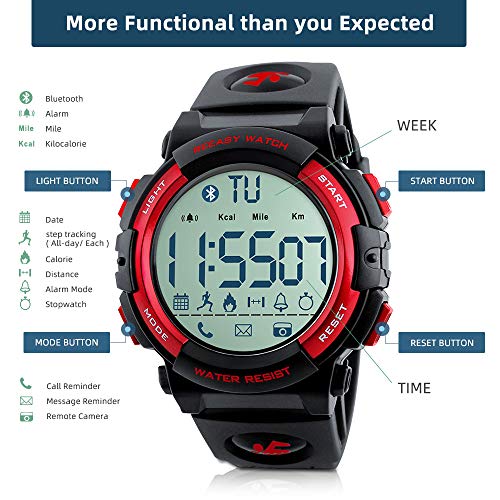 Beeasy Reloj Deportivo Hombre,Relojes Digital Impermeable Watches Inteligente Bluetooth Fitness Tracker Contador Calorías Podómetro Cámara Remota App Notificación de Llamadas SMS,Rojo