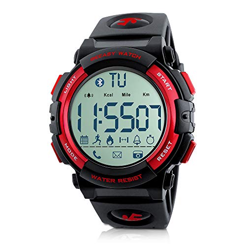 Beeasy Reloj Deportivo Hombre,Relojes Digital Impermeable Watches Inteligente Bluetooth Fitness Tracker Contador Calorías Podómetro Cámara Remota App Notificación de Llamadas SMS,Rojo