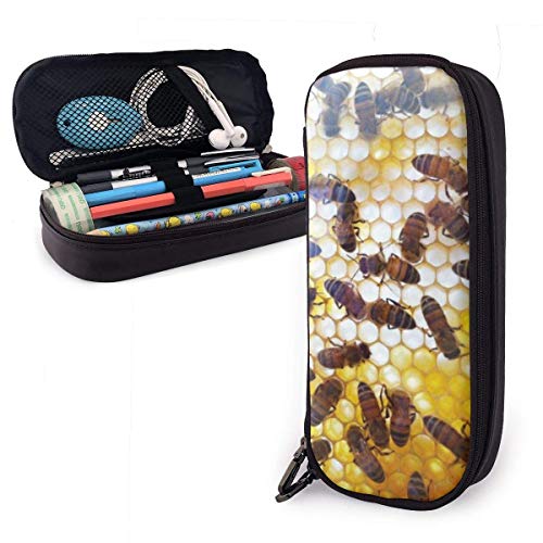 Bees On Hive Live Estuche para lápices de cuero PU, organizadores de papelería duraderos para estudiantes con doble cremallera elástica 1.5in X 3.5 X 8 in Bees On Hive Live Estuche para lápices de cuero PU, organizadores de papelería duraderos para estudiantes con doble cremallera elástica 1.5in X 3.5 X 8 in