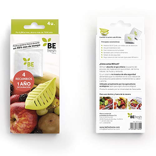 BEfresh Home - Frutas y Verduras Frescas Durante un 40% más de Tiempo | para Uso Dentro y Fuera de la Nevera | Recambio de 1 año | 4 Sachets | No Incluye Hoja Recipiente | Made in Spain