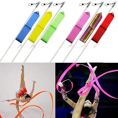 BEIFON 6Pcs 2 Metros Cintas de Danza Gimnasias Rítmicas Streamers Cintas de Baile Cinta con una da Vueltas, Giro de bastón, para Niñas Bailarinas Gimnasia Entrenamiento Actividades Divertidas