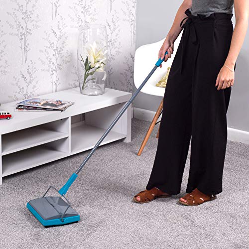 Beldray® LA024855TQ Sweeper de alfombra manual con peine de cepillo | perfecto Para recoger el pelo y la suciedad de mascotas | Easy Glide Ruedas | Turquesa