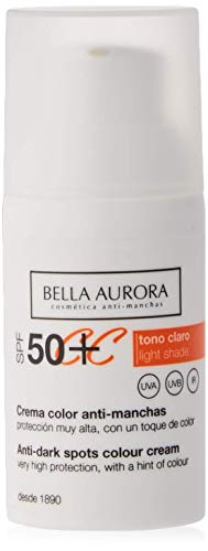 Bella Aurora Crema Facial con Color y Protección Solar 50+ Anti-Manchas para Piel Normal o Seca, Tono Claro 30 ml (4096200)