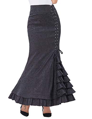 Belle Poque Mujeres Negro Retro Alto Jacquard Sirena de la Cintura Cola de pez Falda Larga BP000204-1_USA4