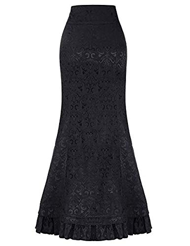 Belle Poque Mujeres Negro Retro Alto Jacquard Sirena de la Cintura Cola de pez Falda Larga BP000204-1_USA4