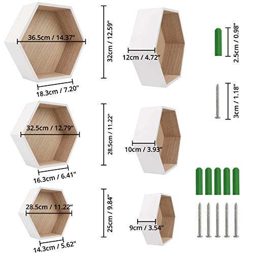 BELLE VOUS Estantería Hexagonal Flotante (Pack de 3) - Estante Pared MDF Blanco con Tornillos y Tacos de Pared - Estantes para Pared 3 Tamaños Diferentes Decorativo, Sala de Estar, Cocina, Oficina