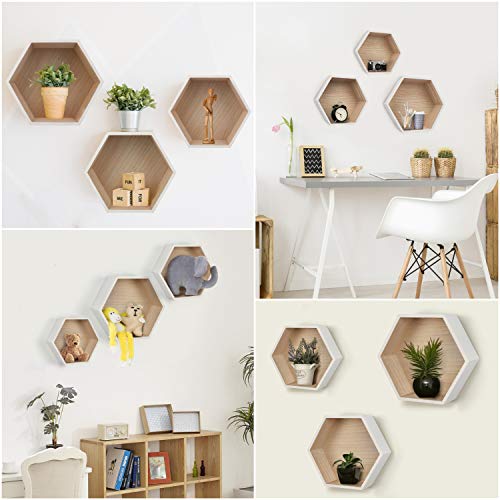 BELLE VOUS Estantería Hexagonal Flotante (Pack de 3) - Estante Pared MDF Blanco con Tornillos y Tacos de Pared - Estantes para Pared 3 Tamaños Diferentes Decorativo, Sala de Estar, Cocina, Oficina