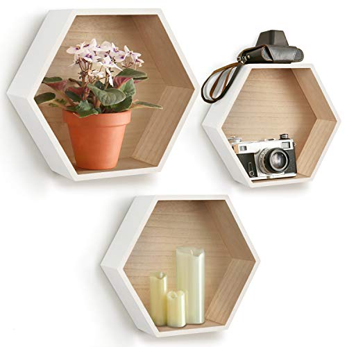 BELLE VOUS Estantería Hexagonal Flotante (Pack de 3) - Estante Pared MDF Blanco con Tornillos y Tacos de Pared - Estantes para Pared 3 Tamaños Diferentes Decorativo, Sala de Estar, Cocina, Oficina