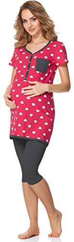 Bellivalini Premamá Pijama Conjunto Camiseta y Leggins Lactancia Maternidad Mujer BLV50-126 (Rosa Corazoncitos/Grafito, M)