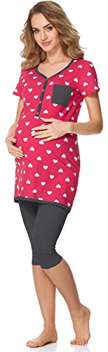 Bellivalini Premamá Pijama Conjunto Camiseta y Leggins Lactancia Maternidad Mujer BLV50-126 (Rosa Corazoncitos/Grafito, M)