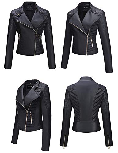 Bellivera Chaqueta de Cuero PU para Mujer(3 Colores), Chaqueta con Bolsillos con Cremallera, Chaqueta Corta para el Otoño, Primavera, Negro, XXL