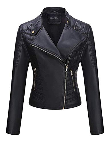 Bellivera Chaqueta de Cuero PU para Mujer(3 Colores), Chaqueta con Bolsillos con Cremallera, Chaqueta Corta para el Otoño, Primavera, Negro, XXL