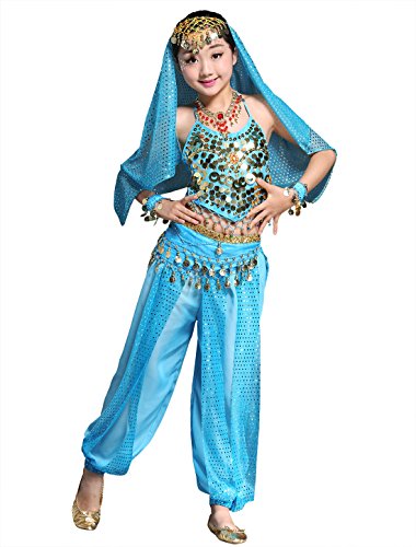 BellyQueen Maillot Danza de Vientre Traje de Danza 7 Piezas Top Pantalones Accesorios para Fiesta Carnaval Disfraz Niña 6-8 Años - Azul