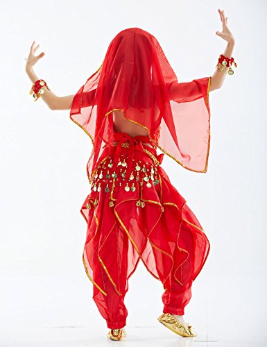 BellyQueen Maillot Danza de Vientre Traje de Danza 7 Piezas Top Pantalones Accesorios para Fiesta Carnaval Disfraz Niña 6-8 Años - Rojo