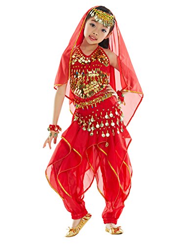 BellyQueen Maillot Danza de Vientre Traje de Danza 7 Piezas Top Pantalones Accesorios para Fiesta Carnaval Disfraz Niña 6-8 Años - Rojo