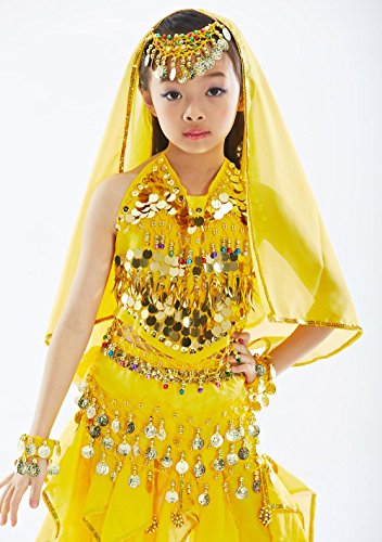 BellyQueen Niña Maillot Danza de Vientre 7 Piezas Traje Baile Belly Dance Accesorios Oriental Carnaval Fiesta Niña 6-8 Años - Amarillo