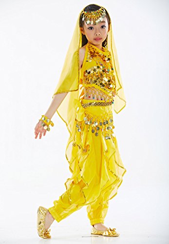 BellyQueen Niña Maillot Danza de Vientre 7 Piezas Traje Baile Belly Dance Accesorios Oriental Carnaval Fiesta Niña 6-8 Años - Amarillo