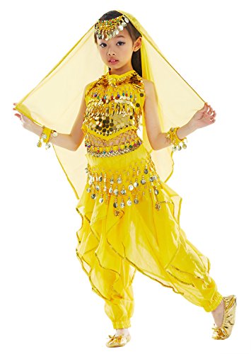 BellyQueen Niña Maillot Danza de Vientre 7 Piezas Traje Baile Belly Dance Accesorios Oriental Carnaval Fiesta Niña 6-8 Años - Amarillo