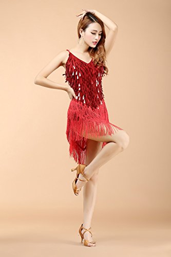 BellyQueen - Vestido Latino Mujer para Danza Clásica Salsa Tango con Tirantes Lentejuelas y Borla - Talla Única - Rojo