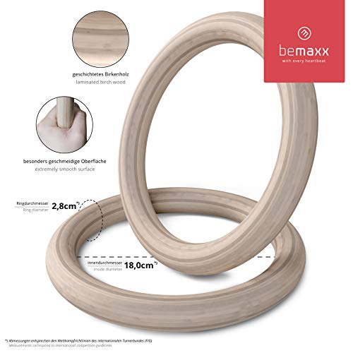 BeMaxx Anillas de Gimnasia de Madera Fitness + Anclaje para Puerta & guía de Ejercicios | Set de Entrenamientos gimnásticos & Correa + Hebillas | Crossfit, Gimnasio, Deporte en casa | Adultos Niños