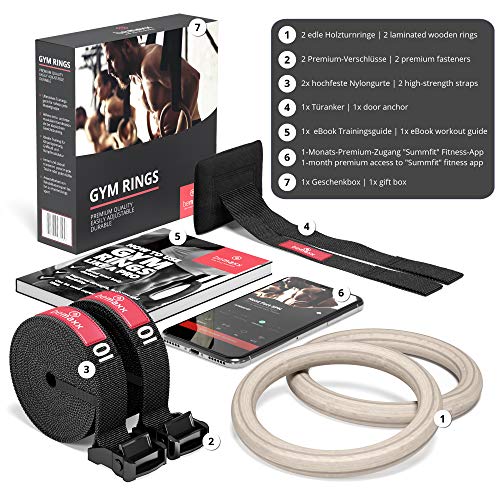 BeMaxx Anillas de Gimnasia de Madera Fitness + Anclaje para Puerta & guía de Ejercicios | Set de Entrenamientos gimnásticos & Correa + Hebillas | Crossfit, Gimnasio, Deporte en casa | Adultos Niños