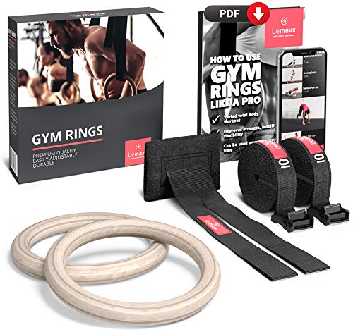 BeMaxx Anillas de Gimnasia de Madera Fitness + Anclaje para Puerta & guía de Ejercicios | Set de Entrenamientos gimnásticos & Correa + Hebillas | Crossfit, Gimnasio, Deporte en casa | Adultos Niños