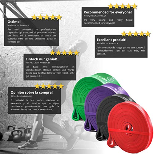 BeMaxx Banda Elástica de Resistencia Guía de Entrenamiento | para Pull–Ups, Crossfit, Yoga, Pilates | Banda de Tracción para Fitness y Estiramientos | Duradera, Resistente, Versátil (Juego de 4)