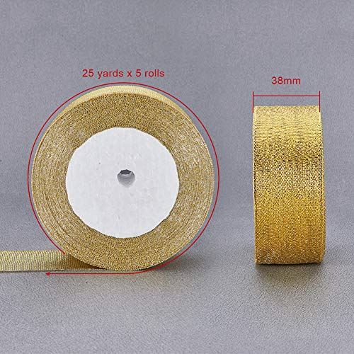 BENECREAT 114m (5 Rollos x 22m) 38mm de Ancho Brillo Superior metalico Chispa Tela Cinta para Boda, Vacaciones, Decoracion del hogar, Papel de Regalo (Oro) BENECREAT 114m (5 Rollos x 22m) 38mm de Ancho Brillo Superior metalico Chispa Tela Cinta para Boda, Vacaciones, Decoracion del hogar, Papel de Regalo (Oro)